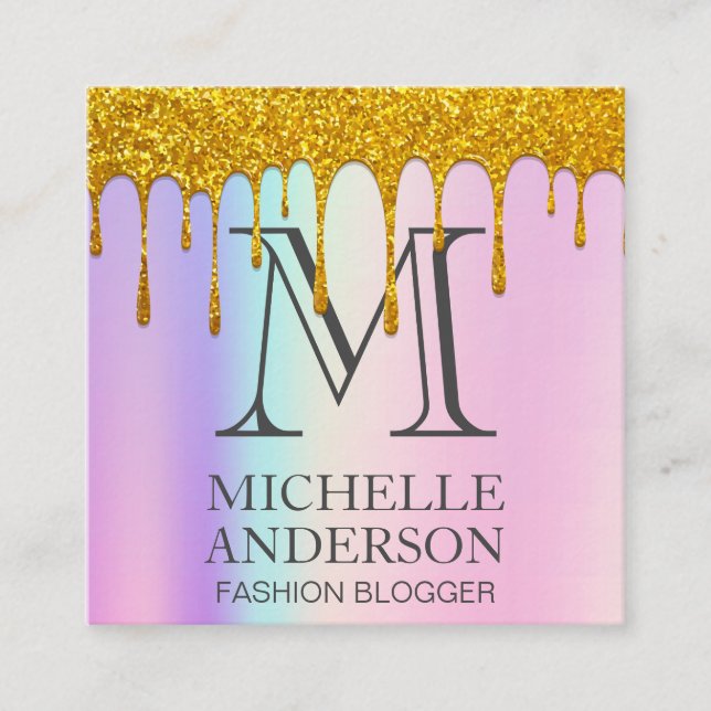 Carte De Visite Carré Monogramme | Rainbow Blend | Parties scintillant d (Devant)