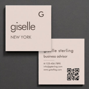 Carte De Visite Carré Monogramme rose pâle QR Code minimaliste