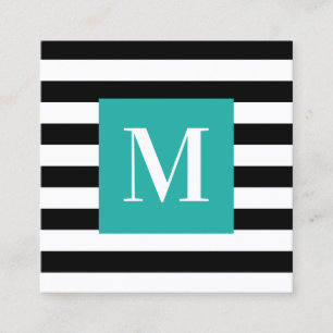 Carte De Visite Carré Monogramme Turquoise en bande noire et blanche