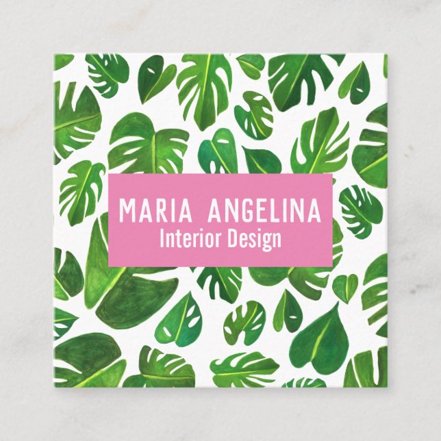 Carte De Visite Carré Monstère tropicale Feuille Aquarelle Design (Devant)