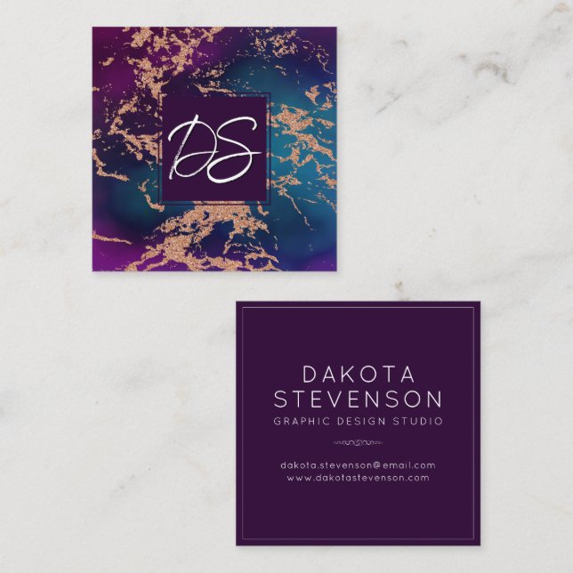 Carte De Visite Carré Moody Luxe Marble | Profond violet et Turquoise mo (Devant / Derrière)