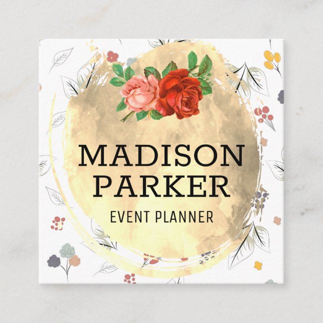 Carte De Visite Carré Motif à fleurs sans couture brossé or (Devant)