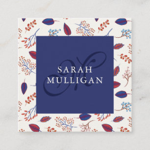 Carte De Visite Carré Motif Feuille Bleu et Bourgogne - Monogram
