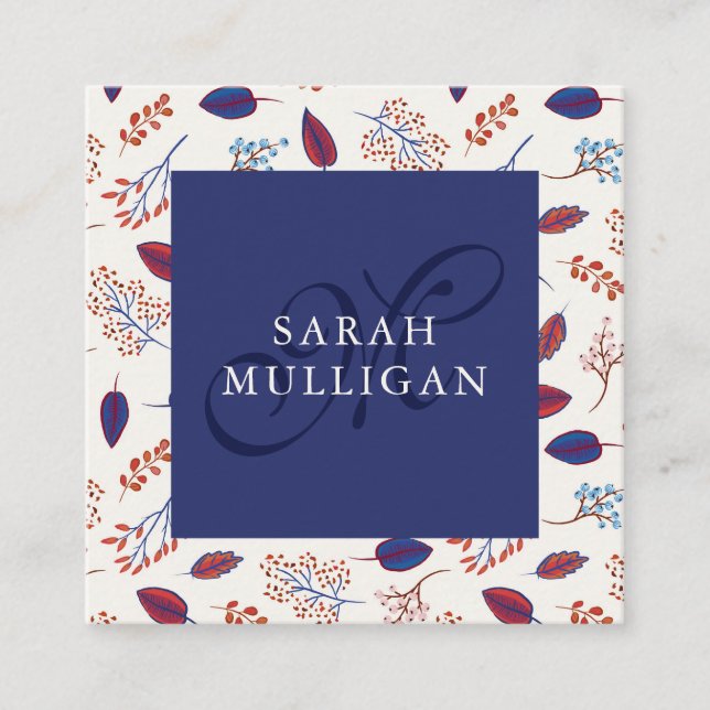 Carte De Visite Carré Motif Feuille Bleu et Bourgogne - Monogram (Devant)