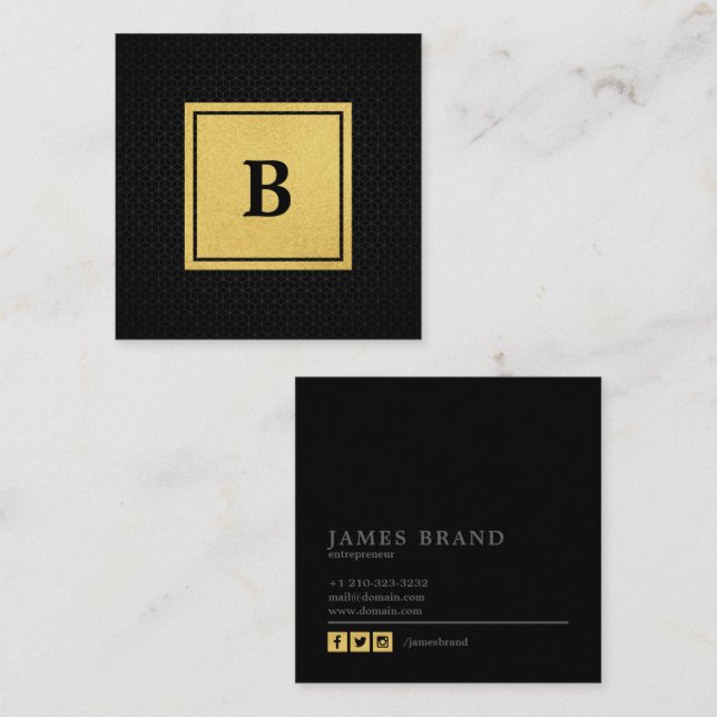 Carte De Visite Carré Motif géométrique avec Monogramme Faux Gold Foil (Devant / Derrière)