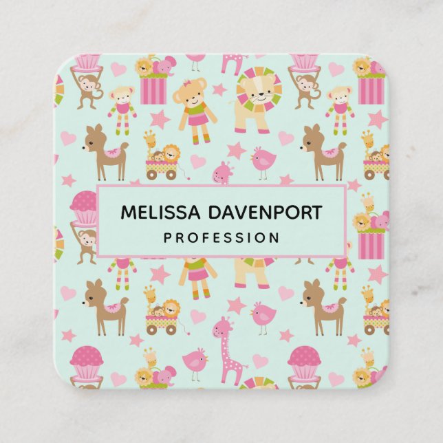 Carte De Visite Carré Motif mignon avec Animaux et Jouets heureux (Devant)