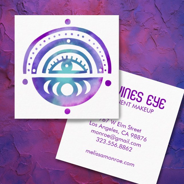 Carte De Visite Carré Mystical Eye Moons Magique Boho Purple Aquarelle (Colorful boho watercolor custom business card with eye and moon design)