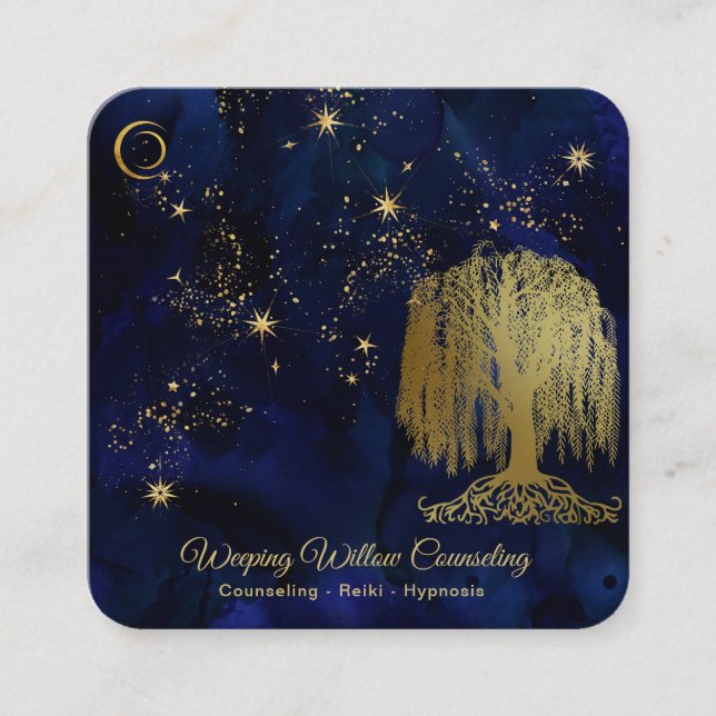 Carte De Visite Carré *~* Navy Weeping Willow Tree Gold Universe Cosmic (Devant)