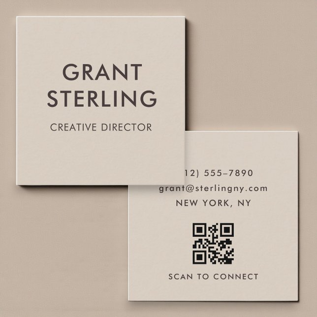 Carte De Visite Carré Neutral Beige Minimal Typography QR Code (Créateur téléchargé)