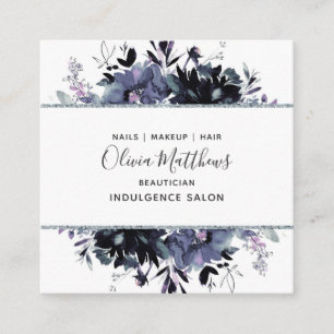 Carte De Visite Carré Nocturne Floral Aquarelle Marine bleu gris encadré