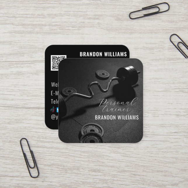 Carte De Visite Carré Noir Blanc QR Code Fitness Personal Trainer (Devant/Arrière en situation)