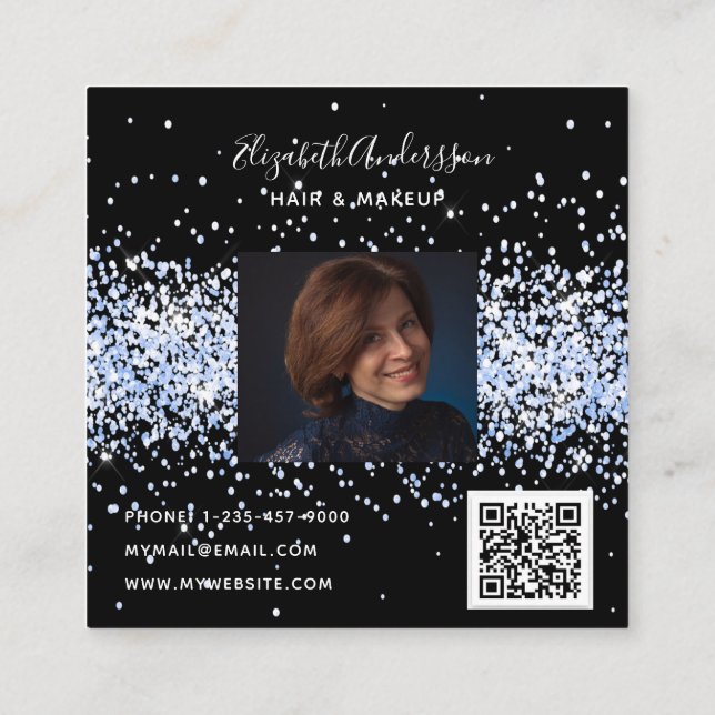 Carte De Visite Carré Noir bleu confetti profil photo qr code (Dos)