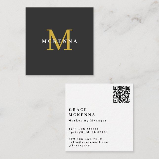 Carte De Visite Carré Noir moderne QR Code Professionnel (Devant / Derrière)