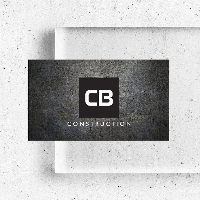 Carte De Visite Carré noir Monogramme Grunge Métal Construction (Créateur téléchargé)