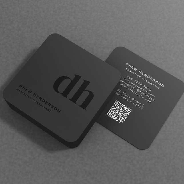 Carte De Visite Carré Noir Monogramme Initiales Professional Qr Code (Créateur téléchargé)