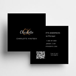 Carte De Visite Carré Noir or monogramme simple Qr code