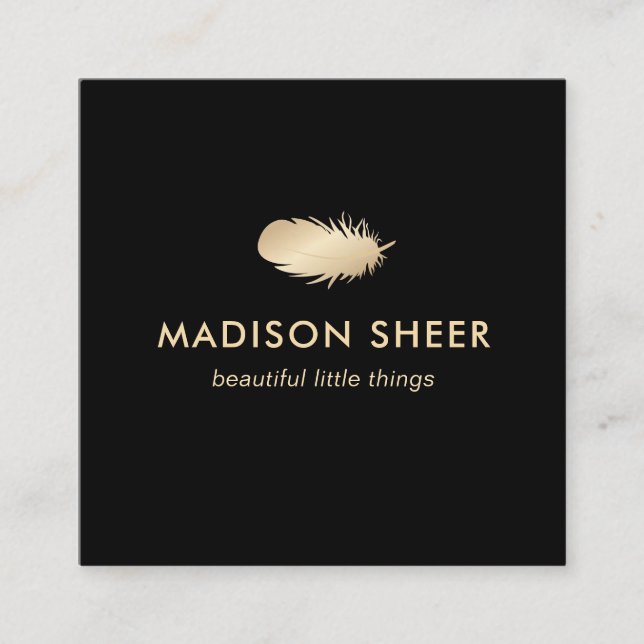 Carte De Visite Carré Noir Stylish Or Feather (Devant)