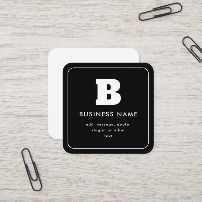 Carte De Visite Carré Nom commercial modifiable et Slogan | Noir & Blanc (Devant/Arrière en situation)