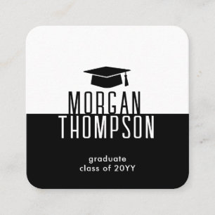 Carte De Visite Carré Nom du diplômé Coordonnées Black White Graduation