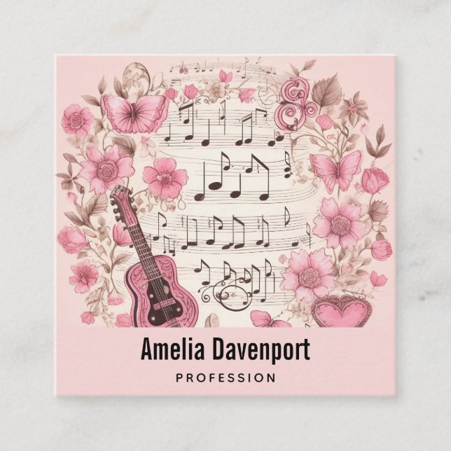 Carte De Visite Carré Notes de musique et fleurs Retro Élégant (Devant)