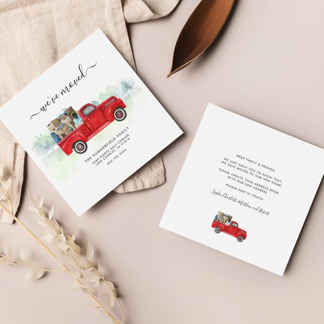 Carte De Visite Carré Nous avons déplacé la famille de l'aquarelle Movin (Moving Address Update Watercolor Red Truck Announcement)