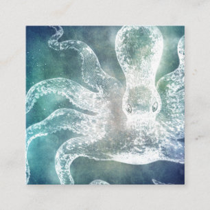 Carte De Visite Carré Octopus Midnight Blue Aquarelle Turquoise Art Vint