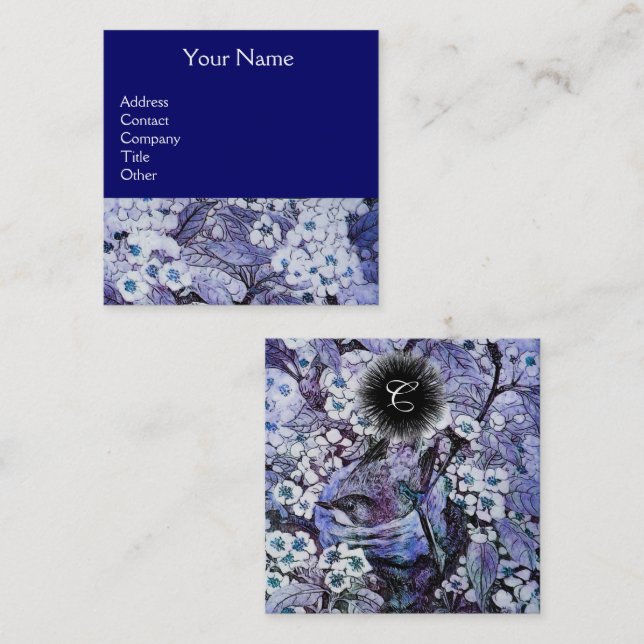 Carte De Visite Carré OISEAU NID ET FLEURS DE PRINTEMPS Monogramme Bleu  (Devant / Derrière)
