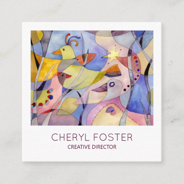 Carte De Visite Carré Oiseaux d'aquarelle (Devant)