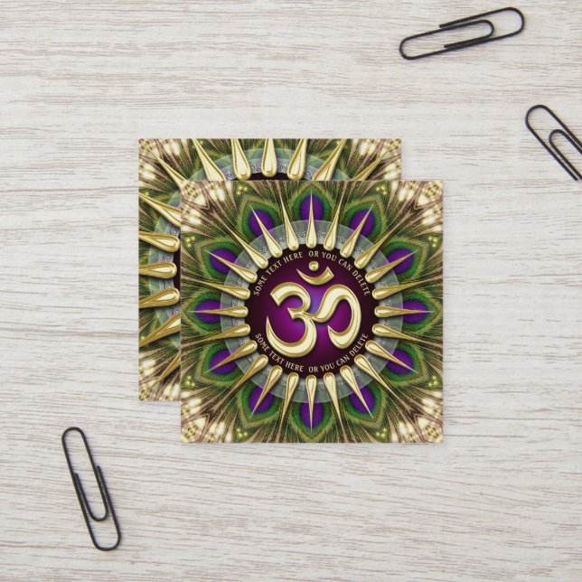 Carte De Visite Carré OM Holistic Purple Green Peacock Mandala Carré (Devant/Arrière en situation)