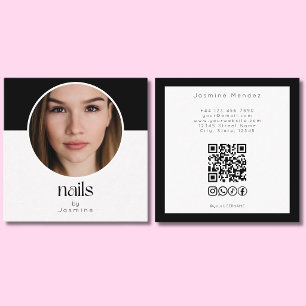 Carte De Visite Carré Ongles de photo en noir et blanc Code QR Réseaux s