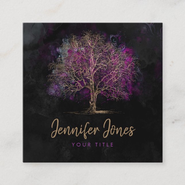 Carte De Visite Carré Or et arbre pourpre d'aquarelle (Devant)