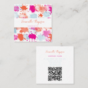 Carte De Visite Carré Orange bleu rose Abstrait QR Code moderne