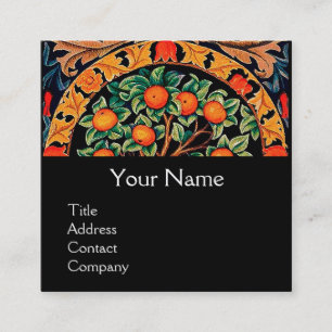Carte De Visite Carré ORANGE TREE, FEUILLES VERTS, FLEURS Floral Black