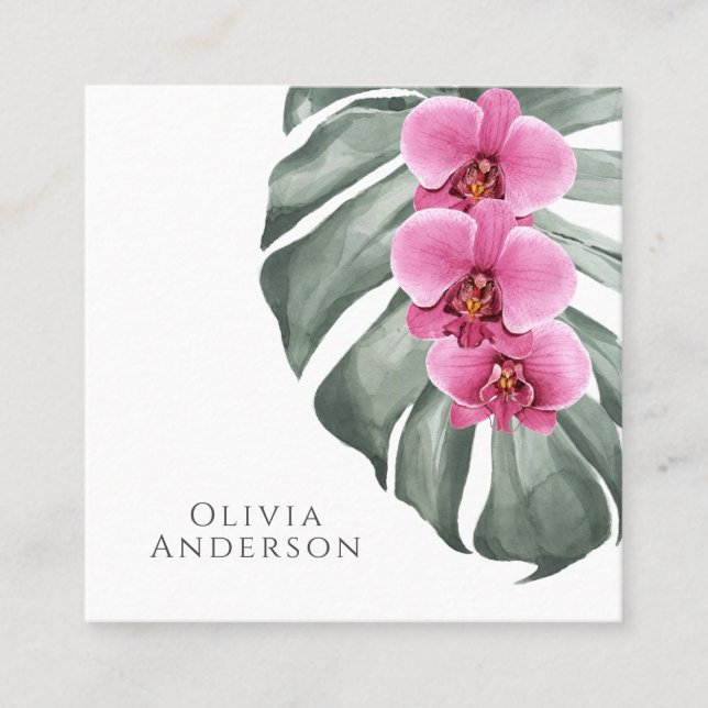 Carte De Visite Carré Orchidées roses chaudes sur Monstera Tropical Bota (Devant)