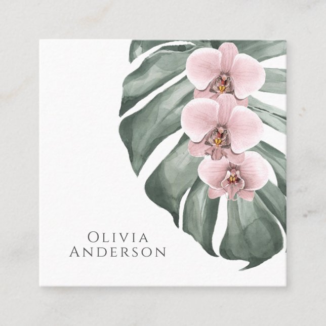 Carte De Visite Carré Orchidées roses chaudes sur Monstera Tropical Bota (Devant)