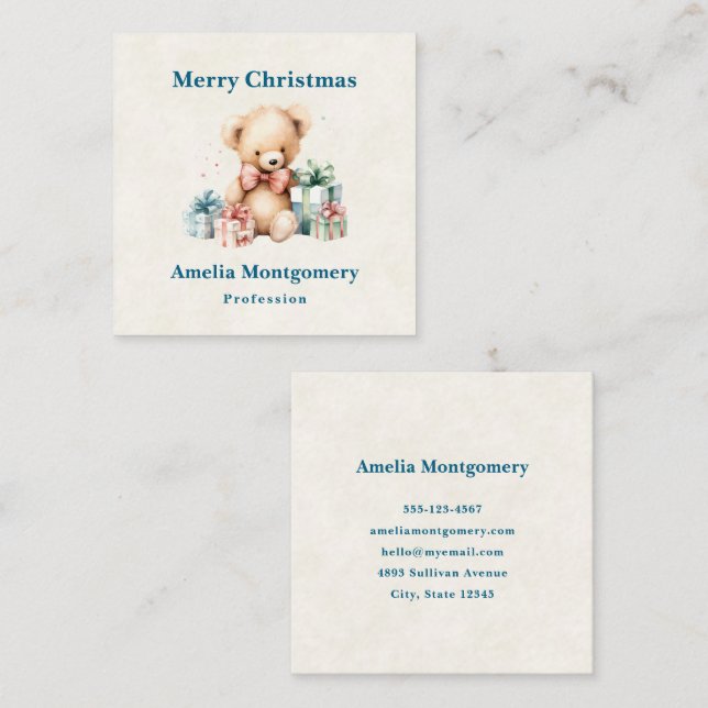 Carte De Visite Carré Ours en peluche mignonne avec cadeaux Joyeux Noël (Devant / Derrière)