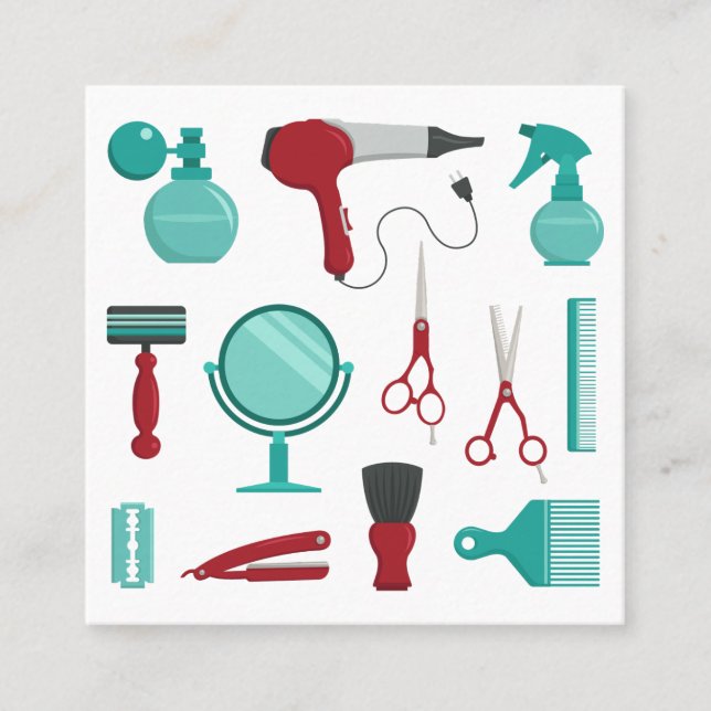 Carte De Visite Carré Outil de salon Ustensiles Coiffeur Turquoise et ro (Devant)