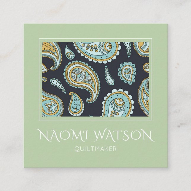 Carte De Visite Carré Paisley Motif Moderne Sur Sage Green (Devant)