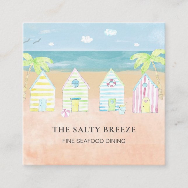 Carte De Visite Carré *~* Palm Beach Hut Sea Sand Bucket Diner Tropical (Devant)