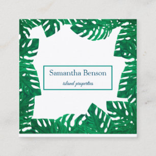 Carte De Visite Carré Palm Feuille Tropical Island Green & White Carré B