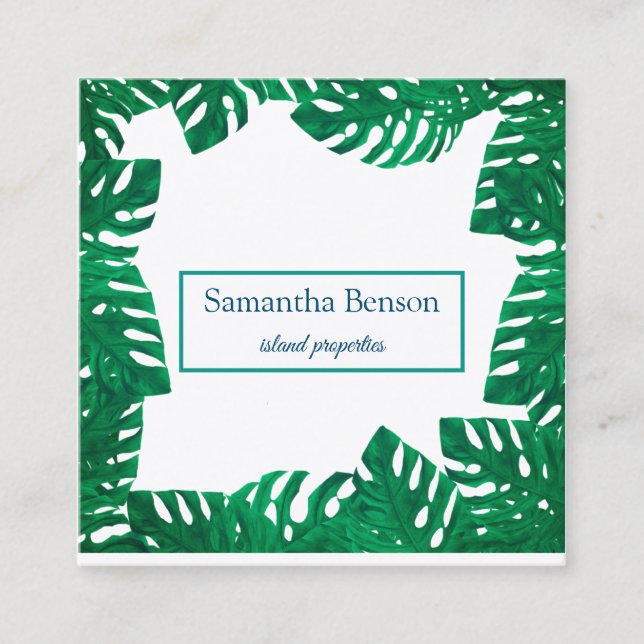 Carte De Visite Carré Palm Feuille Tropical Island Green & White Carré B (Devant)