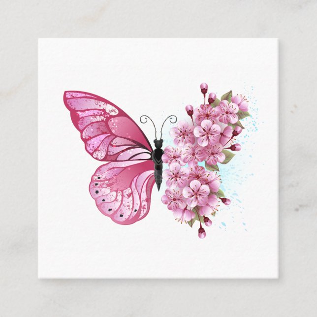 Carte De Visite Carré Papillon à fleurs avec Sakura rose (Devant)