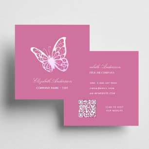 Carte De Visite Carré Papillon de code QR rose élégant