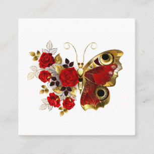 Carte De Visite Carré Papillon de fleurs rouges aux roses rouges
