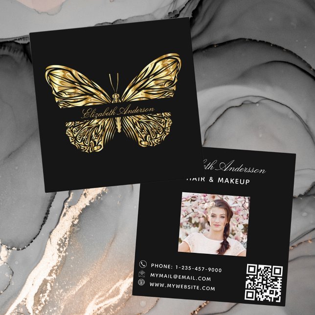 Carte De Visite Carré Papillon noir or QR code script photo (Créateur téléchargé)