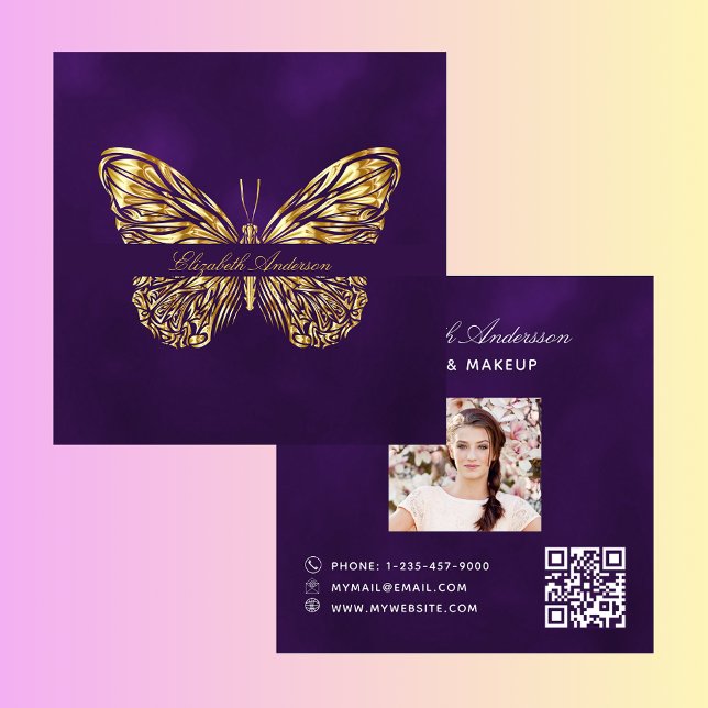 Carte De Visite Carré Papillon or violet QR code script photo (Créateur téléchargé)