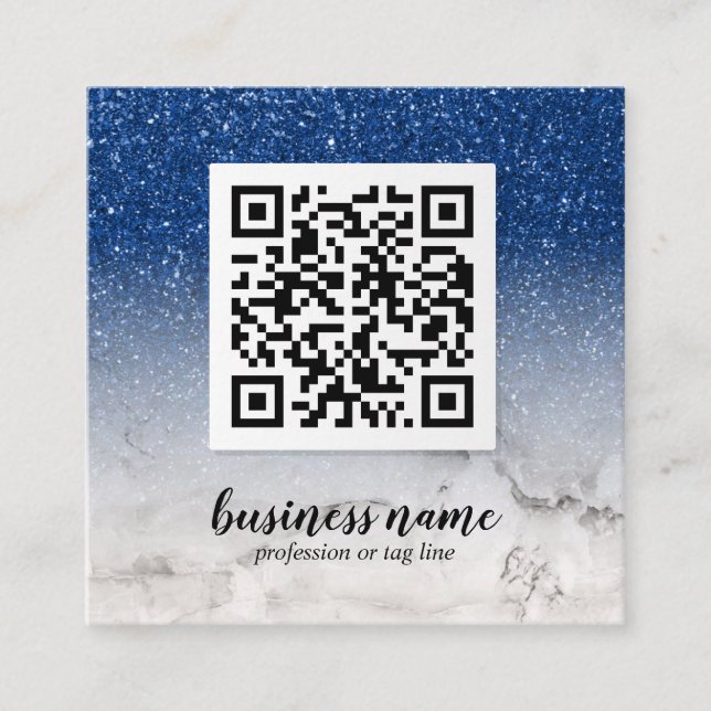 Carte De Visite Carré Parties scintillant bleue Ombre Cursive QR CODE ic (Devant)