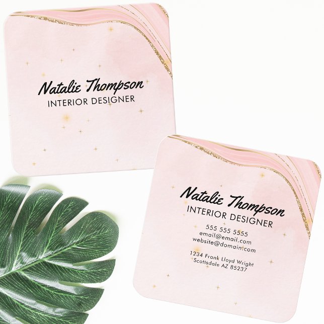 Carte De Visite Carré Parties scintillant or rose pâle Aquarelle moderne (Créateur téléchargé)