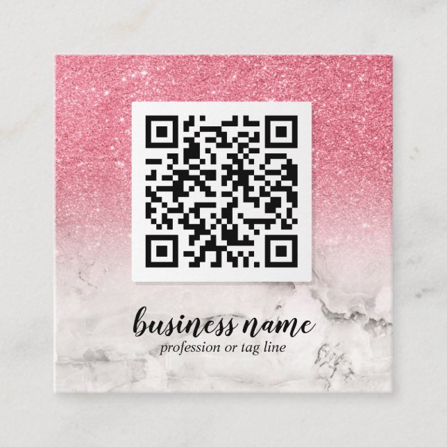 Carte De Visite Carré Parties scintillant rose Ombre cursive QR CODE icô (Devant)