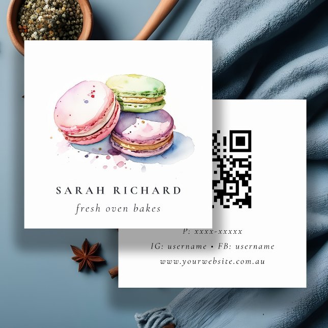 Carte De Visite Carré Pastel Aquarelle Français Macarons Boulangerie QR  (Créateur téléchargé)